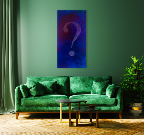 "What is Happening?" mixed media artwork in situ in green lounge with velvet divan.