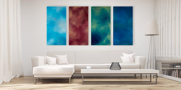 The Element Series of paintings by Deborah Liljegren. Shown in a simple and white living room.