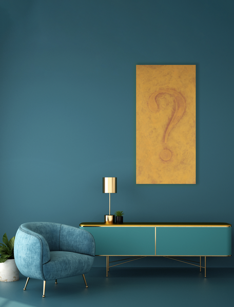 The Burning Question in a blue living room with a midcentury credenza